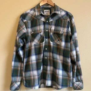 Ariat Retro Fit Flannel Shirt Mens Medium Green Plaid Long Sleeve Pearl Snap